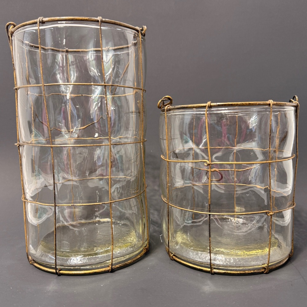 Rustic Wire Cage Glass Cylinder Vases Set of 2 Hurricane Candle Holders Gold
